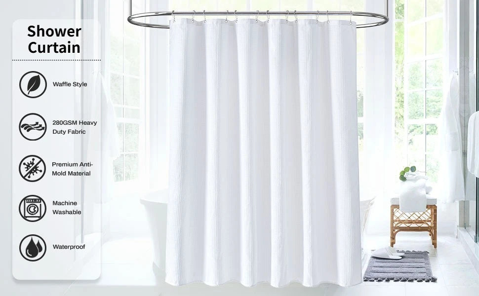 White waffle style heavy-duty shower curtain hanging from a metal rod in a bathroom setting.