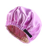A vibrant purple satin sleep cap with a gathered edge and a black tie, designed for hair protection.