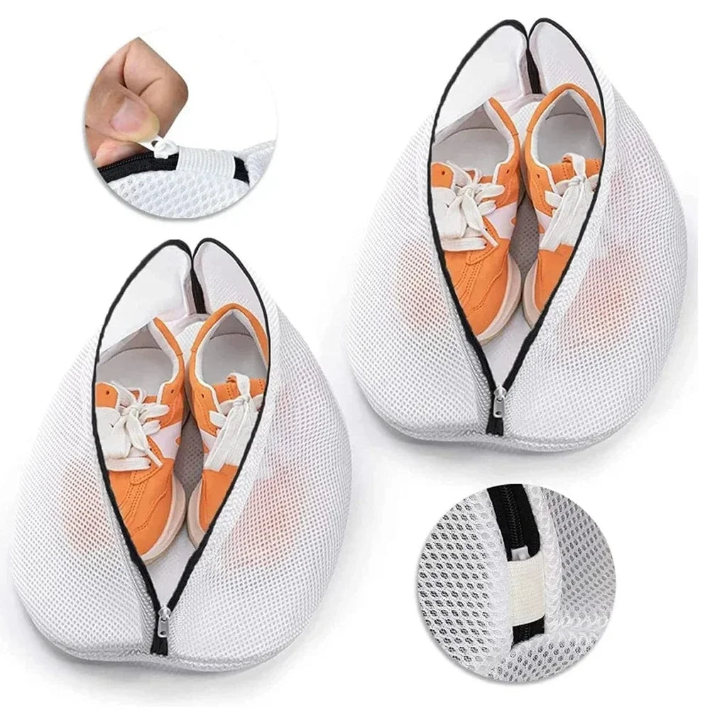 White mesh laundry bag with a zipper showing various shoes, socks, and bras inside