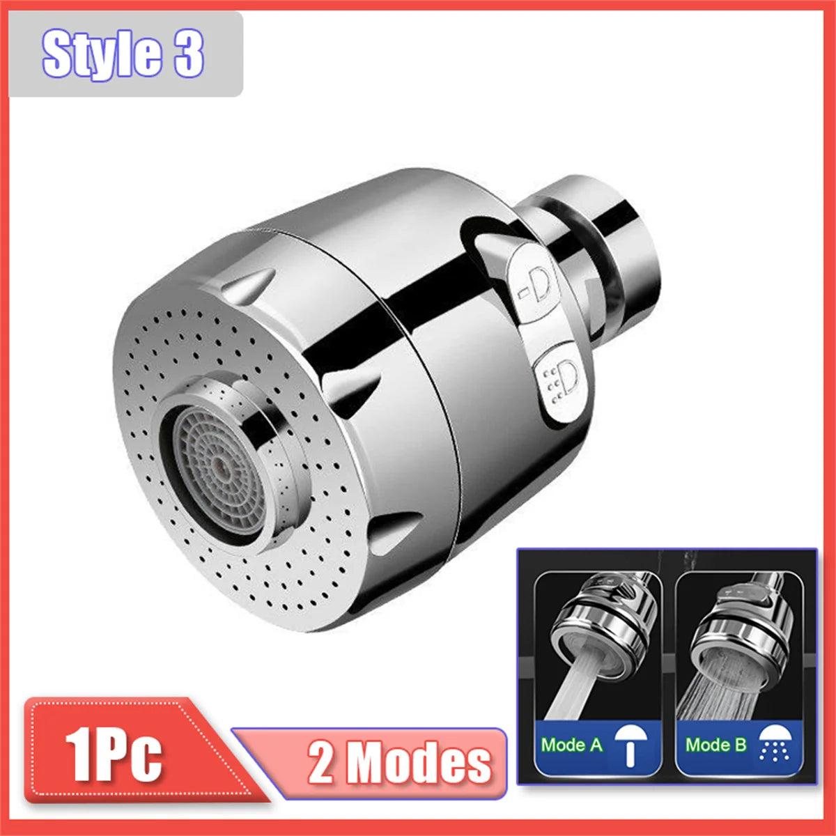 Extensor de grifo plateado con cabezal hexagonal y boquilla roscada, mostrado en un paquete de producto.
