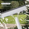 A white glass wiper tool is shown cleaning a window with water and soap, set against a blurred outdoor background.