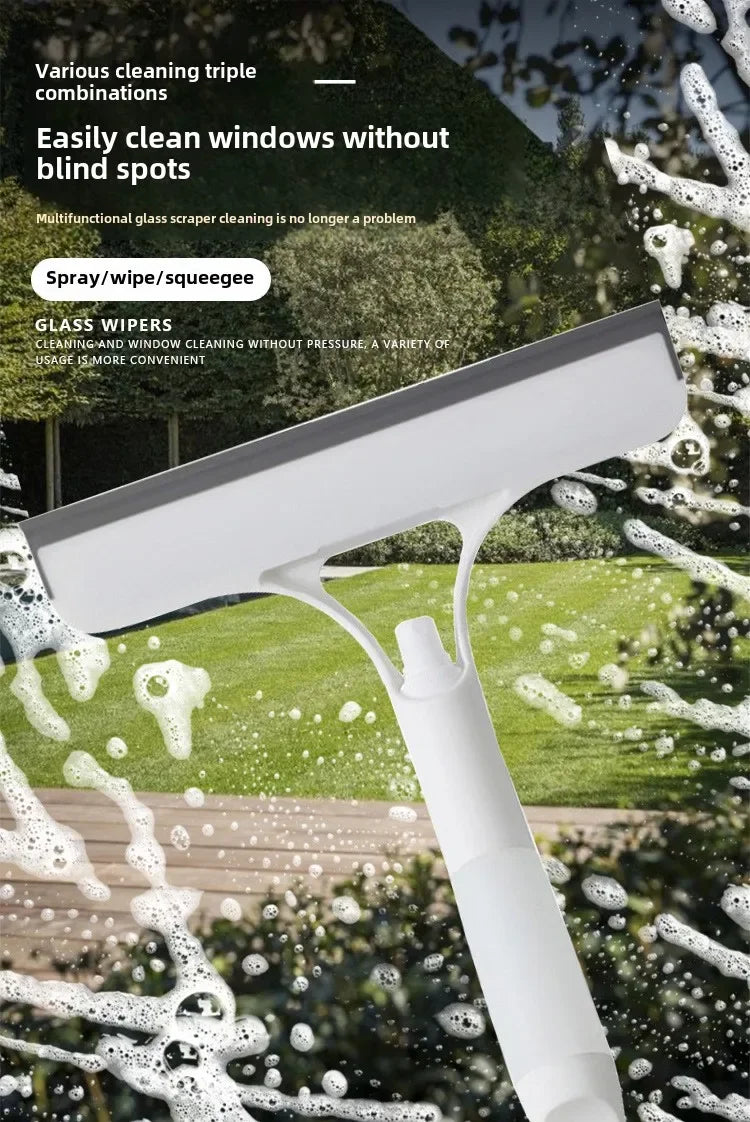 A white glass wiper tool is shown cleaning a window with water and soap, set against a blurred outdoor background.