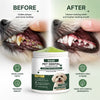 Jar of Kriath Pet Dental Cleaning Powder shown next to a dog's mouth before and after treatment.