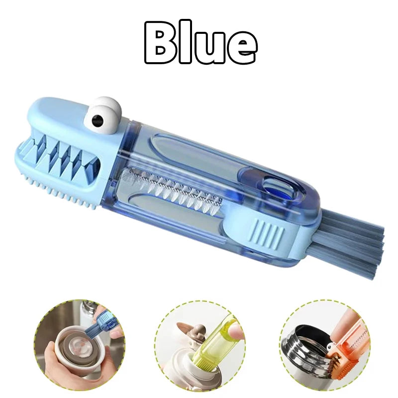 A blue silicone cleaning brush set with multiple bristles shown alongside usage examples.