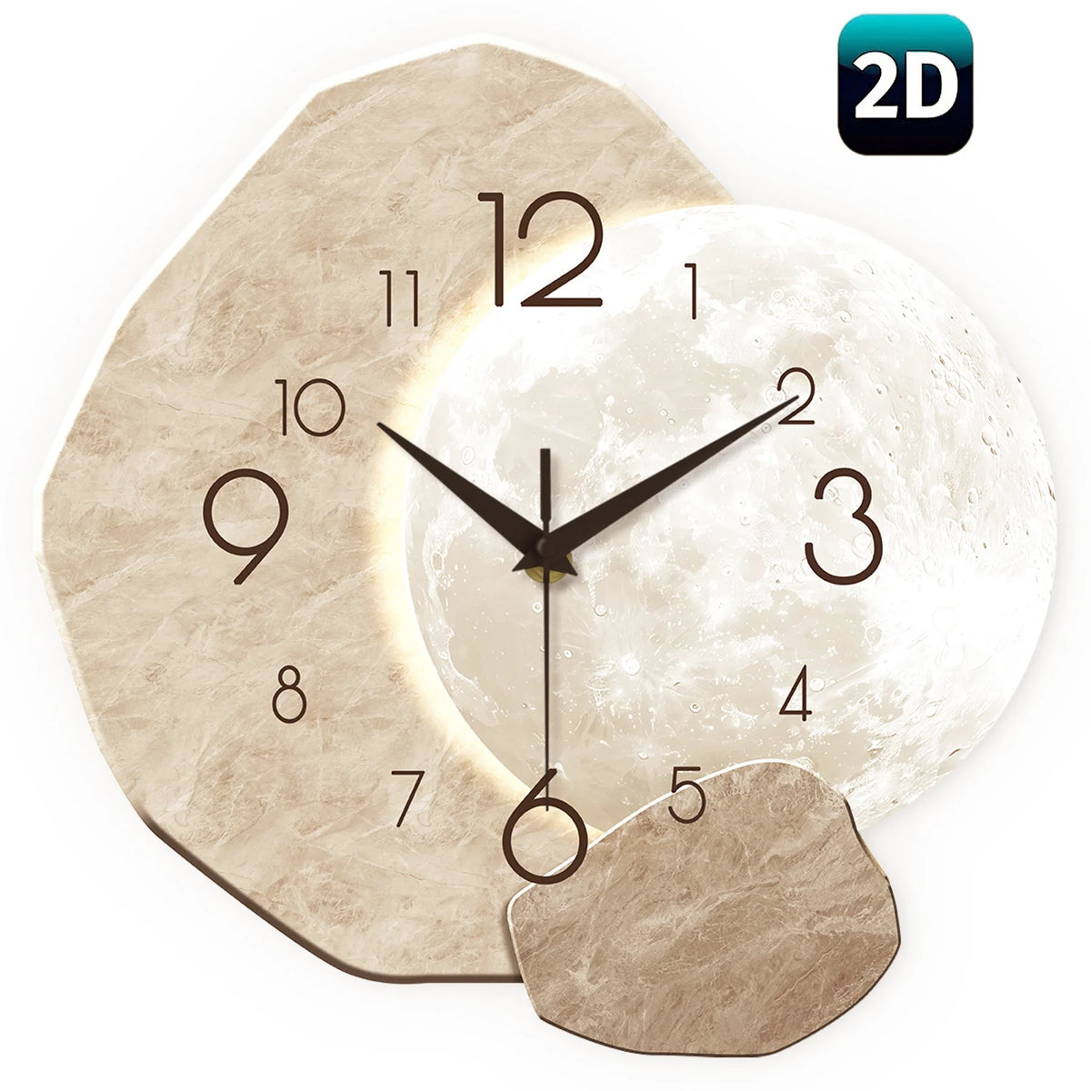 Horloge murale moderne en forme de lune affichant l'heure, présentée avec une superposition graphique 2D.