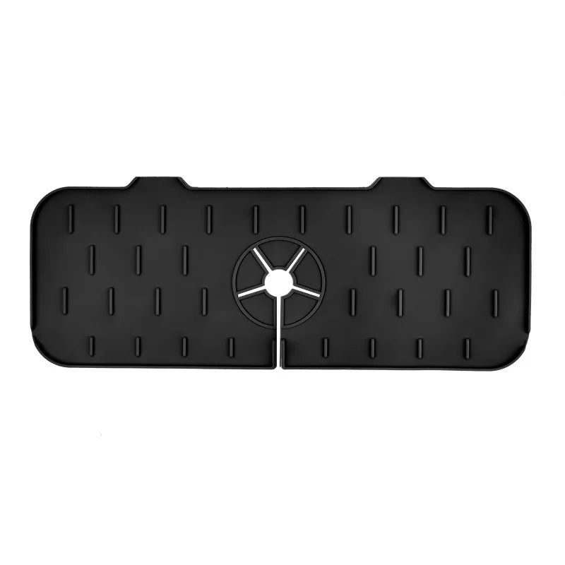 Black silicone faucet splash guard mat with drainage holes for kitchen and bathroom countertops