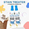 A bottle of stain treater fabric stain remover spray with a blue cap and white label is shown on a light background.