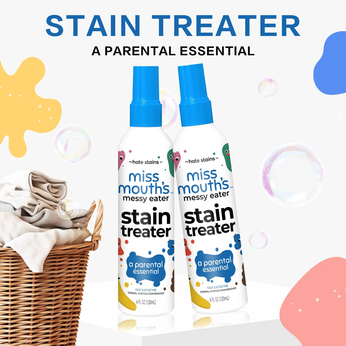 A bottle of stain treater fabric stain remover spray with a blue cap and white label is shown on a light background.