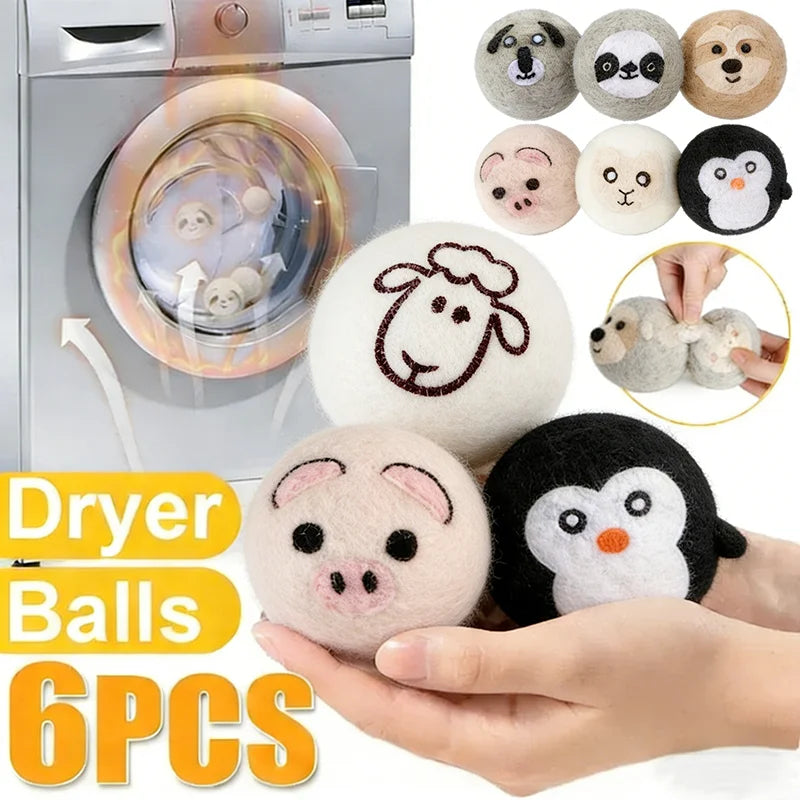A set of six reusable wool dryer balls featuring various animal shapes like panda, pig, and bear, shown next to a dryer.