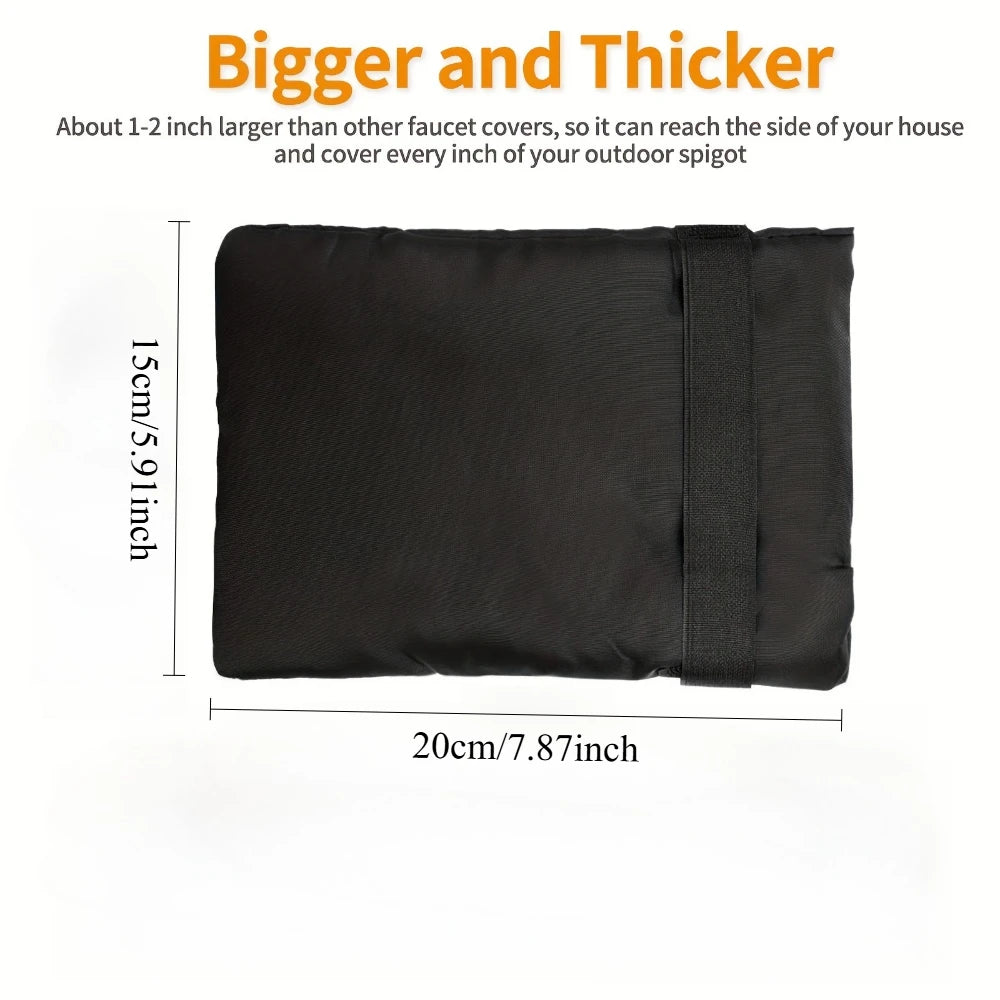 Black reusable insulated faucet cover measuring 15cm/5.91inch by 20cm/7.87inch