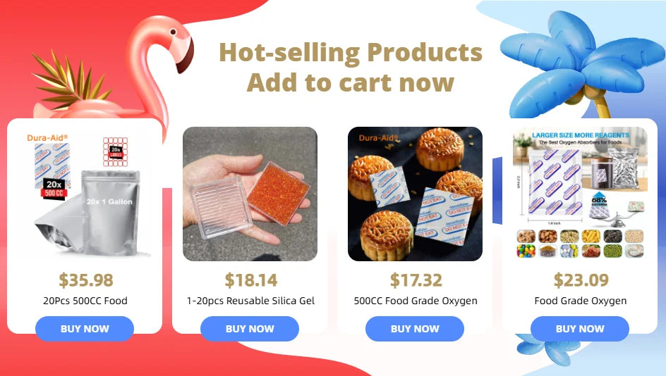 A collection of food-grade oxygen absorbers including silicone gel, food-grade oxygen, and various food items.