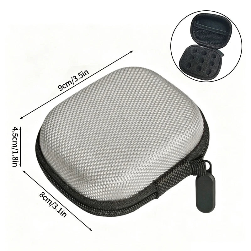 A gray portable peptide storage case with a zippered pouch and an open lid shown in various dimensions.