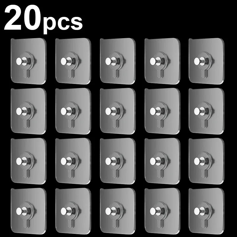 A set of 20 transparent self-adhesive wall hooks for hanging frames and photos.