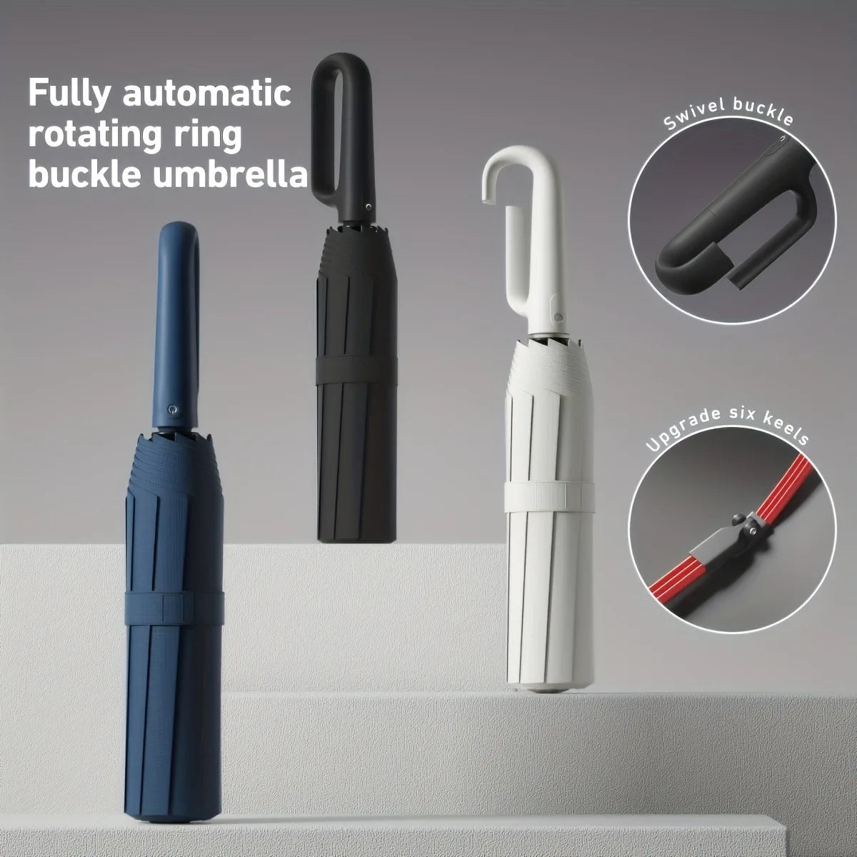 A set of fully automatic rotating ring buckle umbrellas shown in blue and white, with close-ups of the swivel buckle and upgr