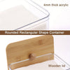 A clear acrylic container with a wooden lid is shown, featuring a rounded rectangular shape and 4mm thick acrylic.