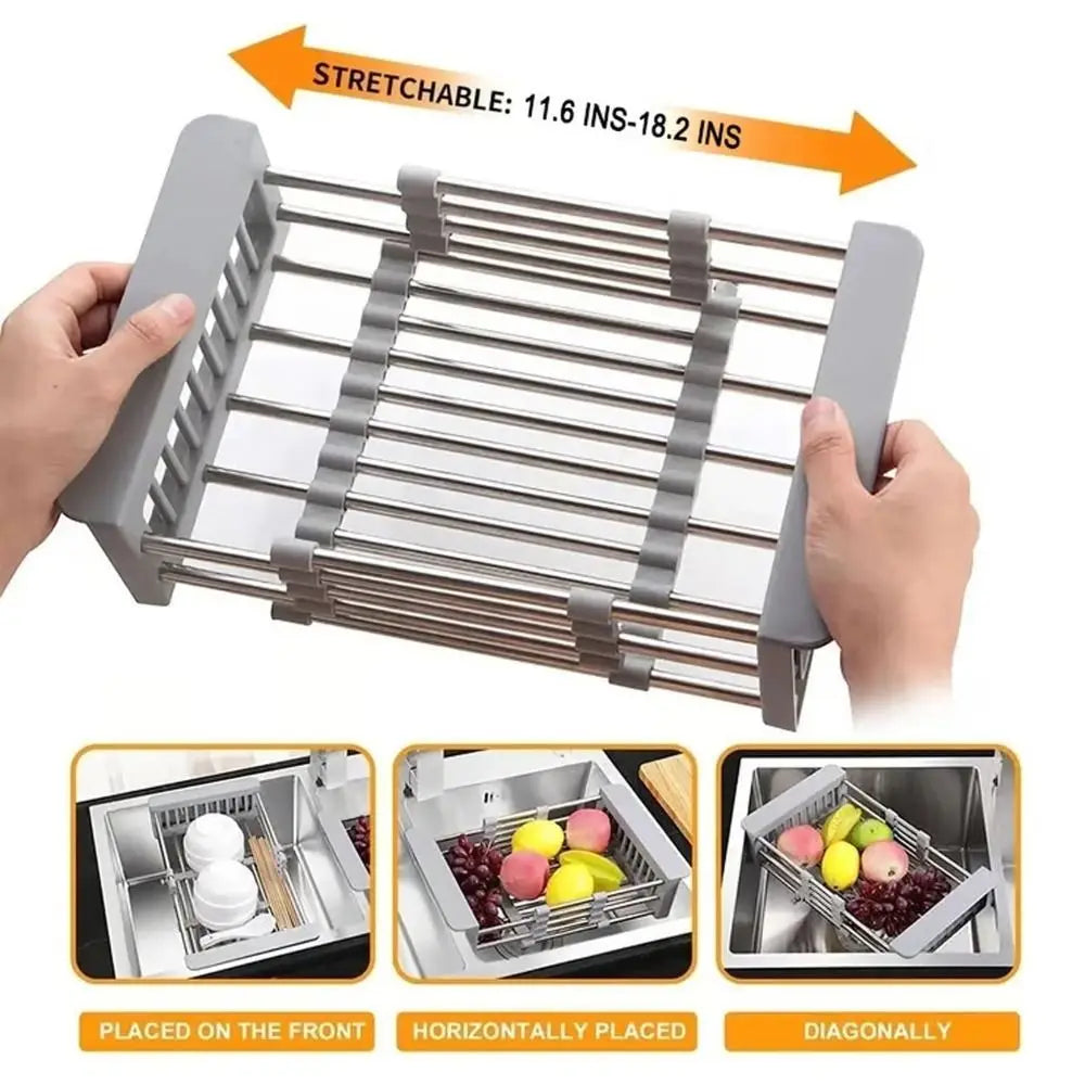 Extendable stainless steel sink drain basket shown in various placement angles.
