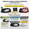 Premium Chenille shoe laundry bag with a pair of shoes shown for care and usage guide