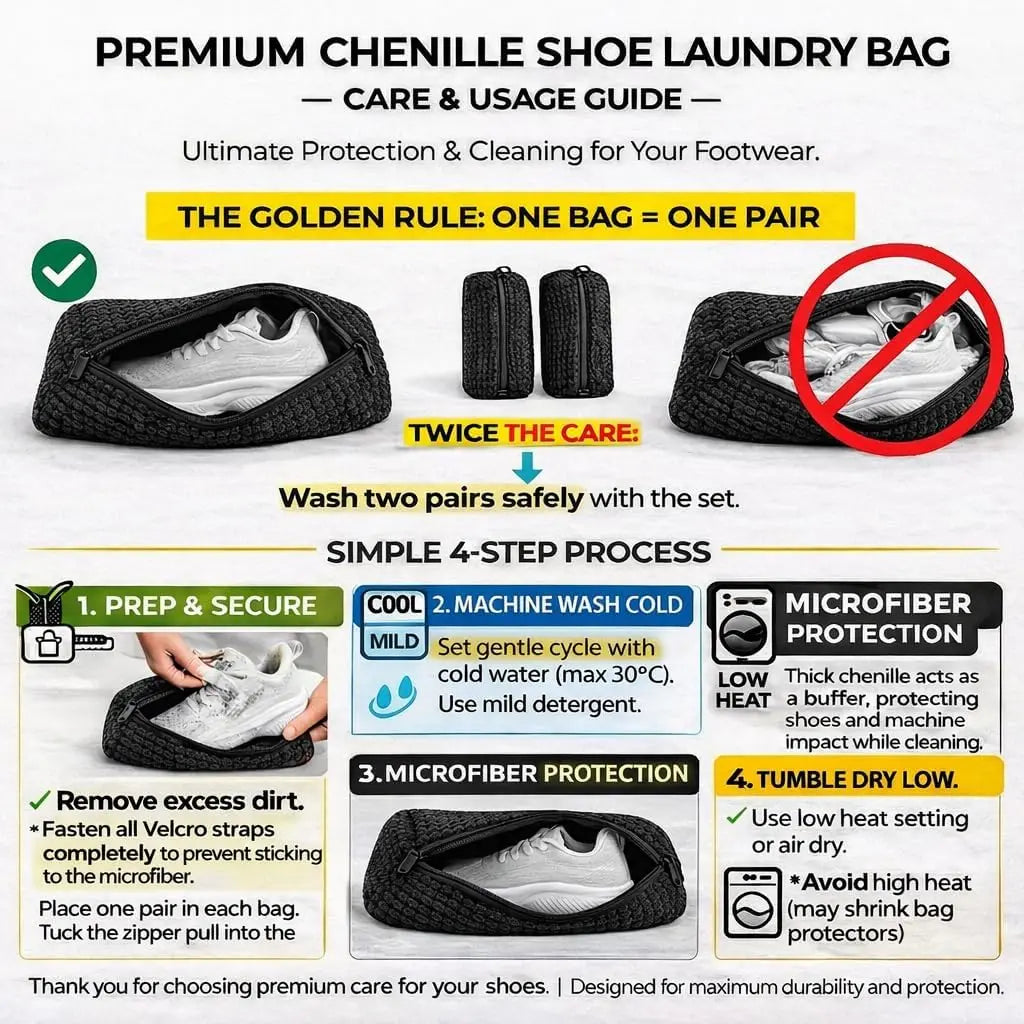 Premium Chenille shoe laundry bag with a pair of shoes shown for care and usage guide