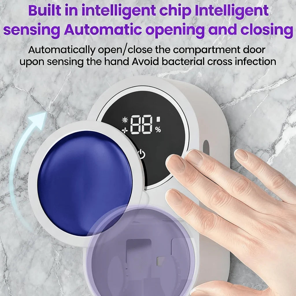A hand is interacting with a white electronic device that features a purple compartment and an 88% display.
