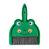 A green cartoon animal broom with a brush and dustpan attached.