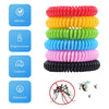 A stack of ten natural mosquito repellent bracelets in various colors including red, yellow, green, and blue.