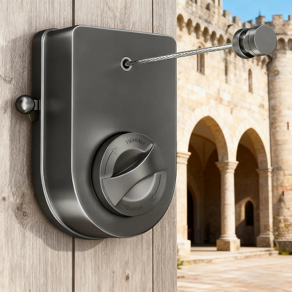 A dark gray retractable stainless steel clothes drying line mounted on a wooden wall.