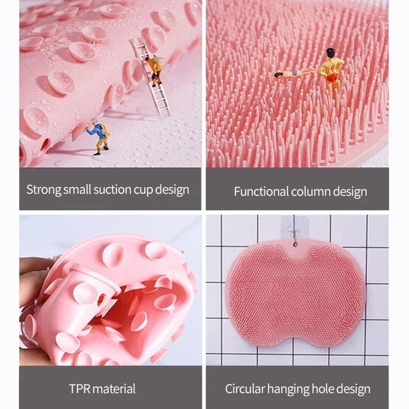 Pink reusable silicone foot scrub brush with a strong suction cup design and functional column structure
