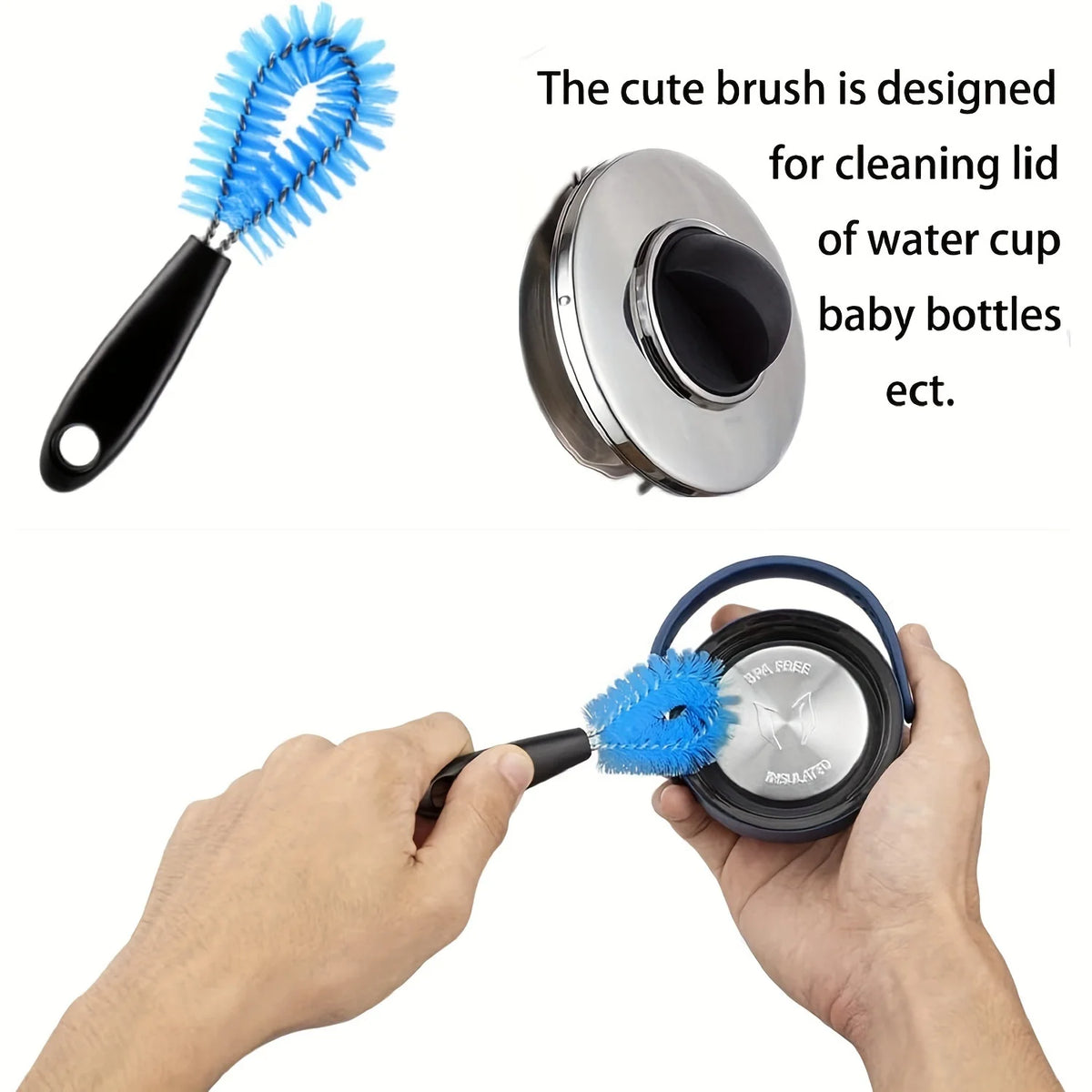 A hand is using a blue bristled brush attached to a stainless steel lid cleaner for baby bottles.