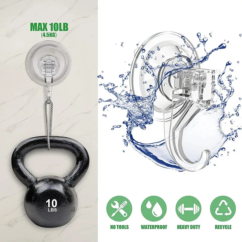 A set of ten heavy duty clear suction cup hooks for shower and window, shown with usage features.