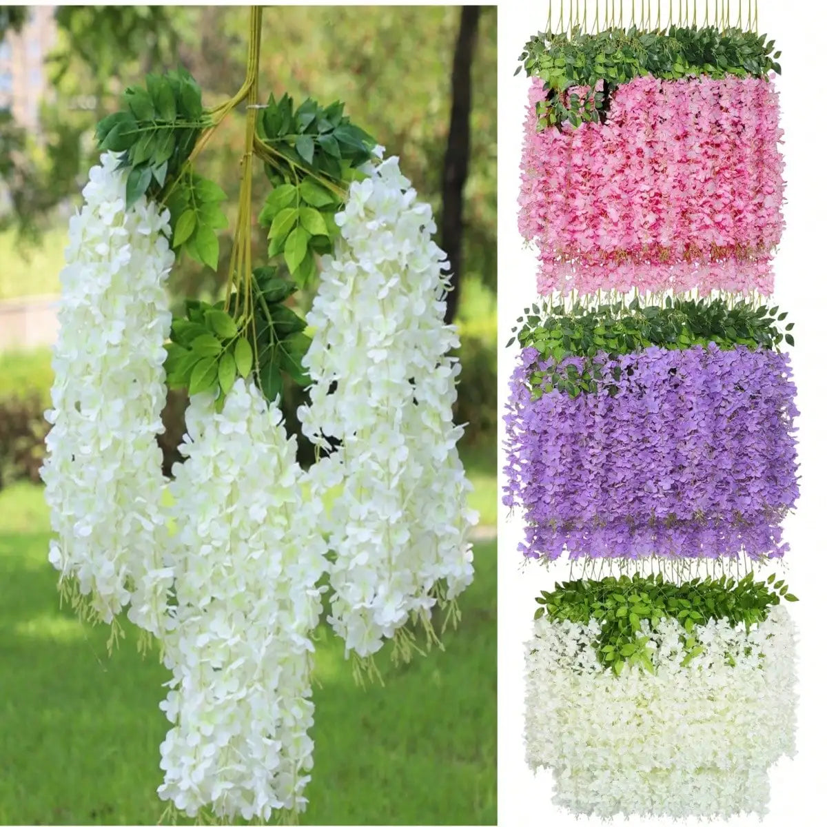 Artificial wisteria garland featuring cascading clusters of pink, purple, and white flowers