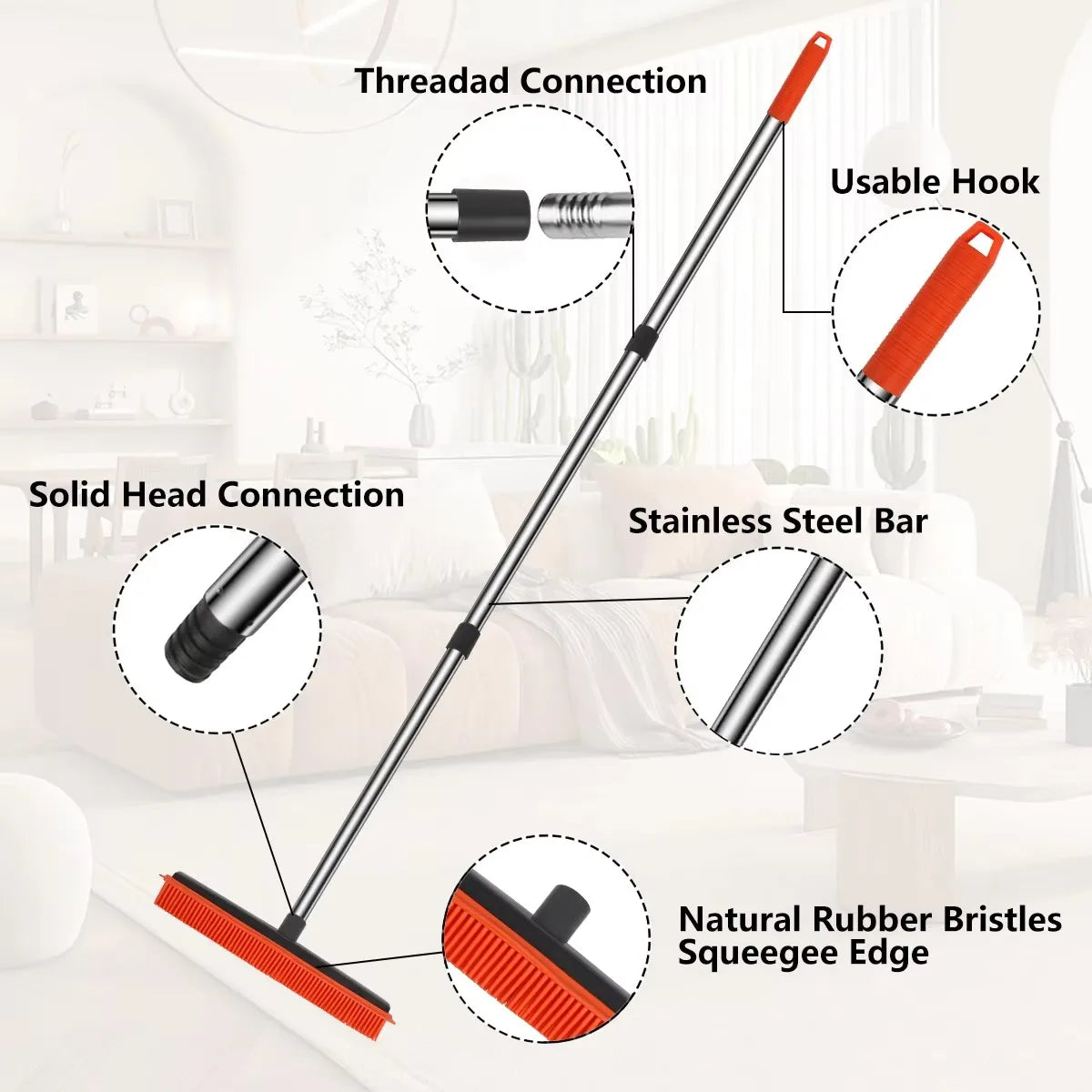 An adjustable rubber broom with a squeegee edge and a stainless steel bar is shown with various connection points.