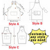 Diagrams showing three styles of adjustable customizable hairdressing aprons labeled A, B, and C with dimensions.