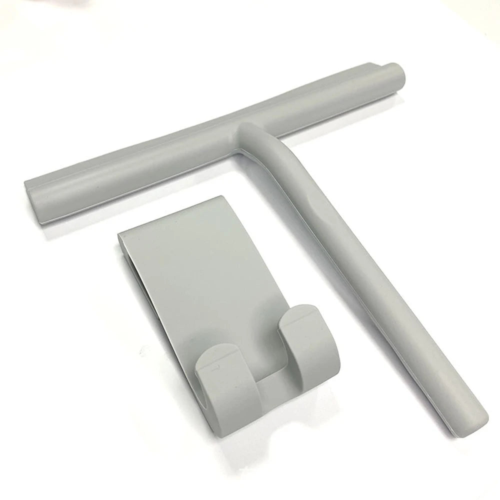 Silikon-Dusch-Schrubber mit Griff und flacher Reinigungspads für Glas und Spiegel.