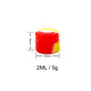 A red and yellow silicone storage jar with dimensions 18mm by 22mm, labeled 2ML / 5g.