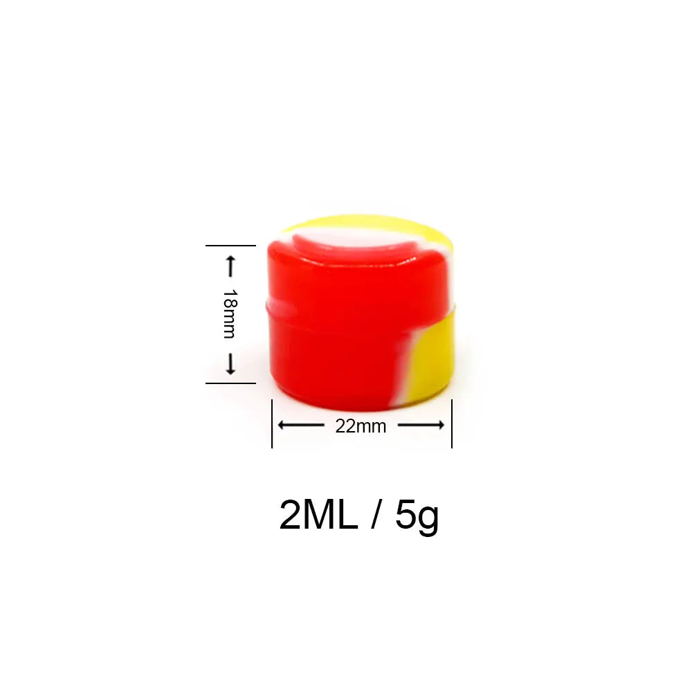 A red and yellow silicone storage jar with dimensions 18mm by 22mm, labeled 2ML / 5g.