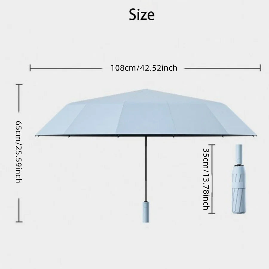 A diagram showing the size of a heavy-duty automatic windproof umbrella, including its canopy and shaft.