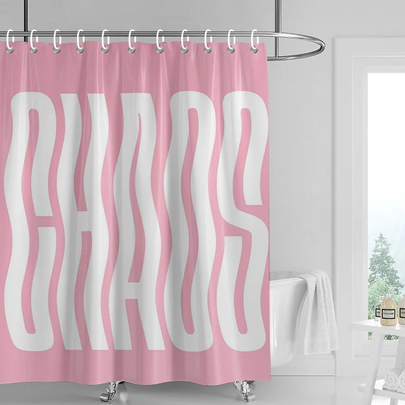 Pink shower curtain featuring white abstract geometric lines on a silver rod.