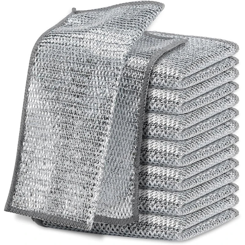 A stack of gray stainless steel wire dish cleaning cloths.