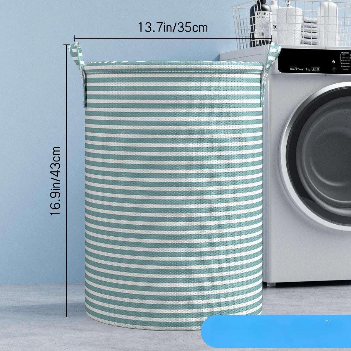 A tall, striped laundry basket organizer in teal and white is shown next to a washing machine.