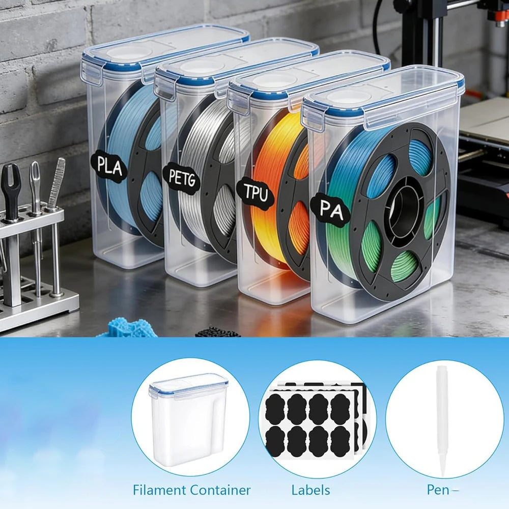 Clear airtight storage boxes for PLA, PETG, TPU, and PA filaments used by 3D printers