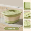 A light green portable foot bath tub with a lid, showing its dimensions and features.