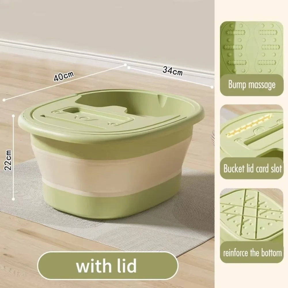 A light green portable foot bath tub with a lid, showing its dimensions and features.