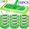 Ten reusable green microfiber mop pads with white grips shown for household cleaning.