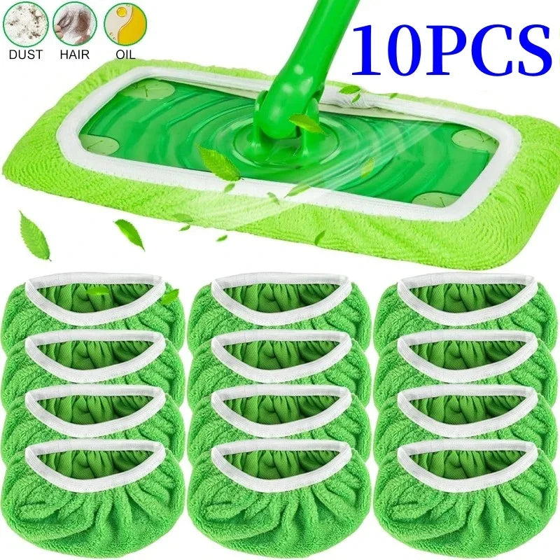 Ten reusable green microfiber mop pads with white grips shown for household cleaning.
