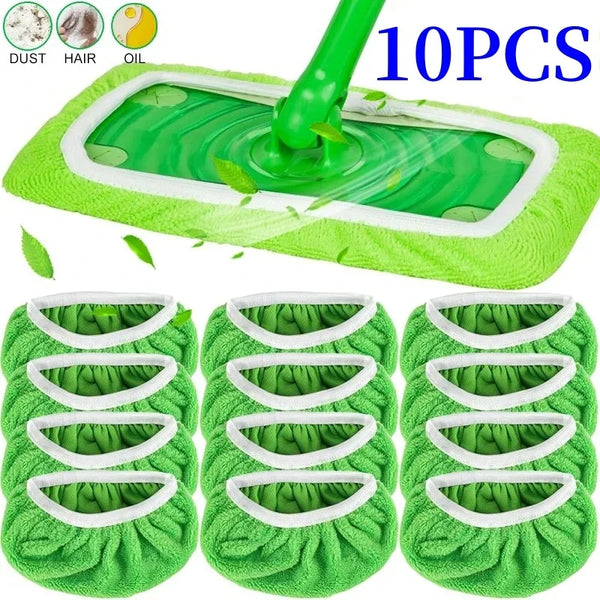Ten reusable green microfiber mop pads with white grips shown for household cleaning.