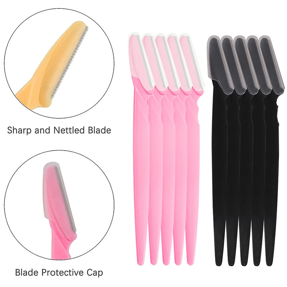 A set of multi-purpose eyebrow razors featuring a sharp and netted blade and a blade protective cap in pink and black.
