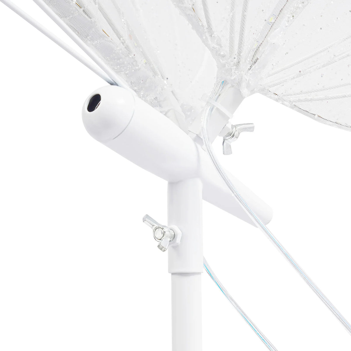 Weiße LED-Stehlampe mit Schmetterlingsschirm und flexibler Leuchtmasse.