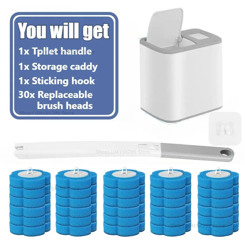 Un ensemble de têtes de brosse de toilette jetables fixées au mur, dans différentes nuances de bleu.