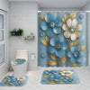 A shower curtain featuring blue and cream peony floral patterns, displayed in a bathroom setting.