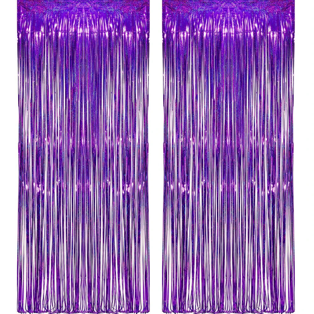 A pair of shimmering purple rose gold foil tinsel fringe curtain backdrops